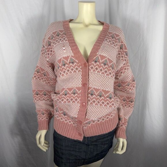 Vintage Gina Peters Knit Cardigan Sweater Pink Fair Isle Geometric Knit Made in - Picture 1 of 16